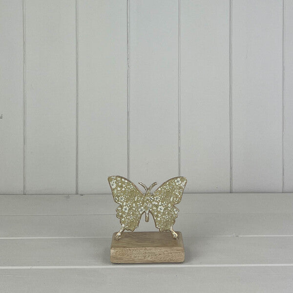 Light Green Metal Butterfly on Wooden Base