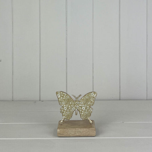 Light Green Metal Butterfly on Wooden Base