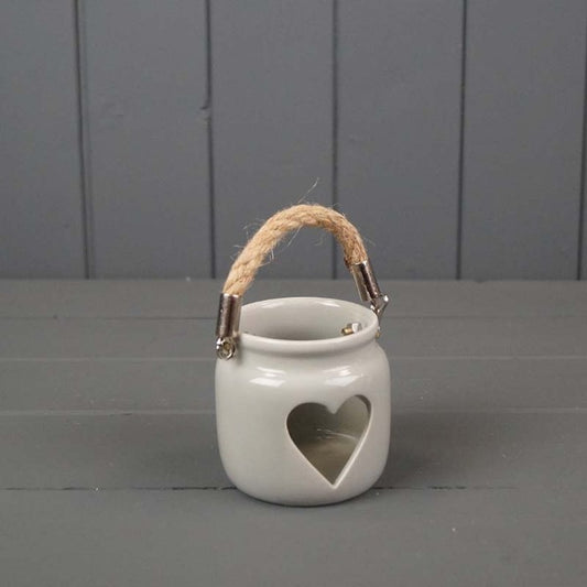 Grey Porcelain Heart Tealight Holder with Rope Handle
