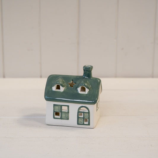 White/Green Ceramic House Tealight Holder