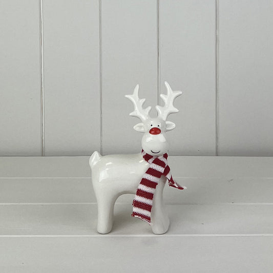 White Ceramic Reindeer Ornament with Knitted Scarf