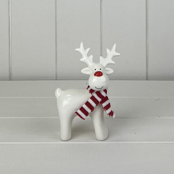 White Ceramic Reindeer Ornament with Knitted Scarf