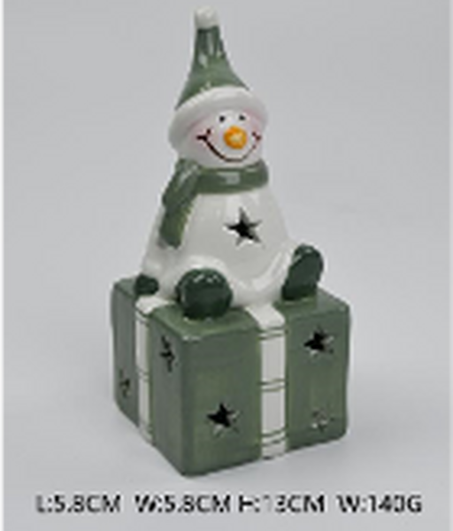 Nordic Green Snowman sitting on LED Present