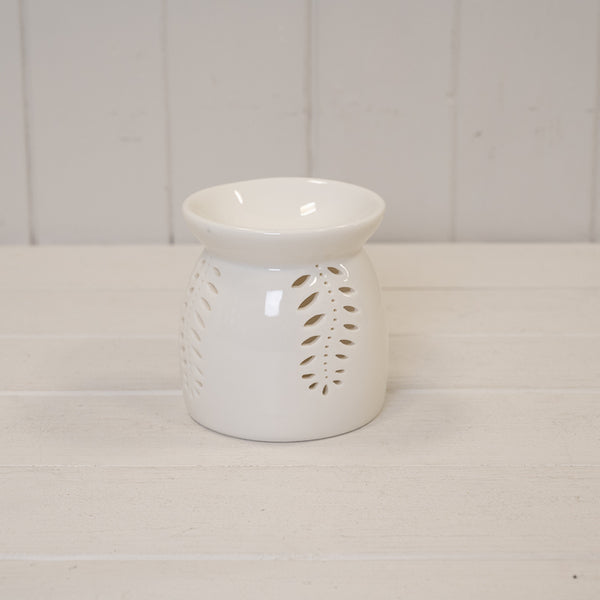 White Ceramic Glazed Oil Burner with Leaf Detail