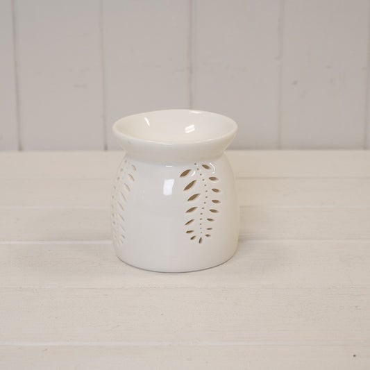 White Ceramic Glazed Oil Burner with Leaf Detail