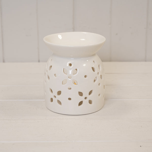 White Ceramic Glazed Oil Burner with Flower Petal Design