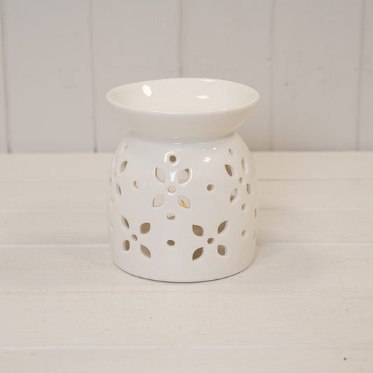 White Ceramic Glazed Oil Burner with Flower Petal Design