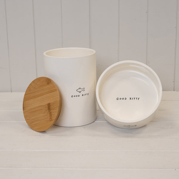 'Good Kitty' Ceramic Treat Jar with Bamboo lid