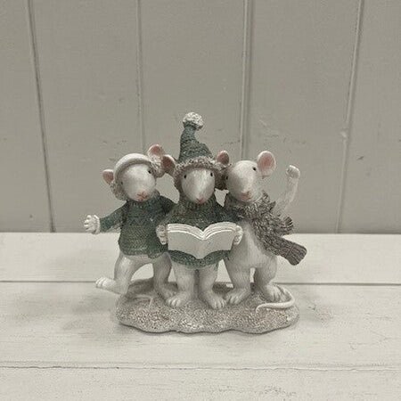 Resin Trio of Caroling Mice White and Sage Green