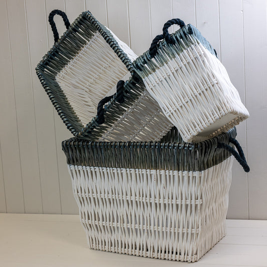 White And Blue Wicker Baskets Set