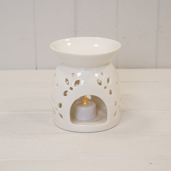 White Ceramic Glazed Oil Burner with Flower Petal Design