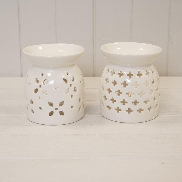 White Ceramic Glazed Oil Burner with Flower Petal Design