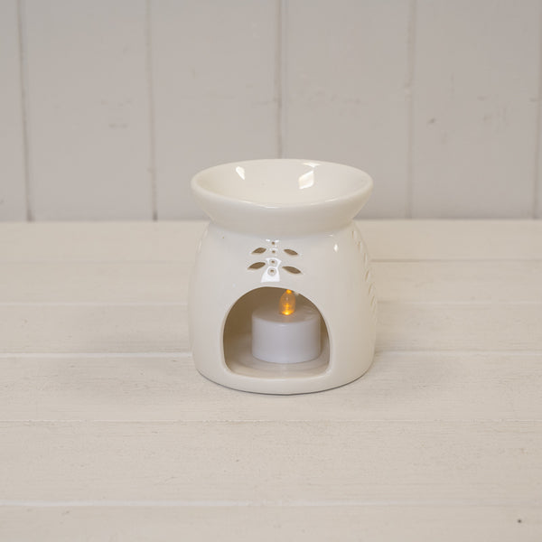 White Ceramic Glazed Oil Burner with Leaf Detail