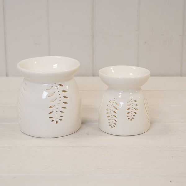 White Ceramic Glazed Oil Burner with Leaf Design