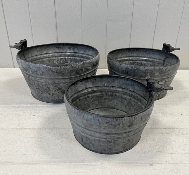 Dark Round Planters with Bird Decor Set of 3