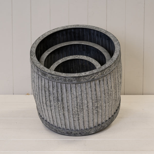 Round Galvanised Ribbed Planter Set of 3