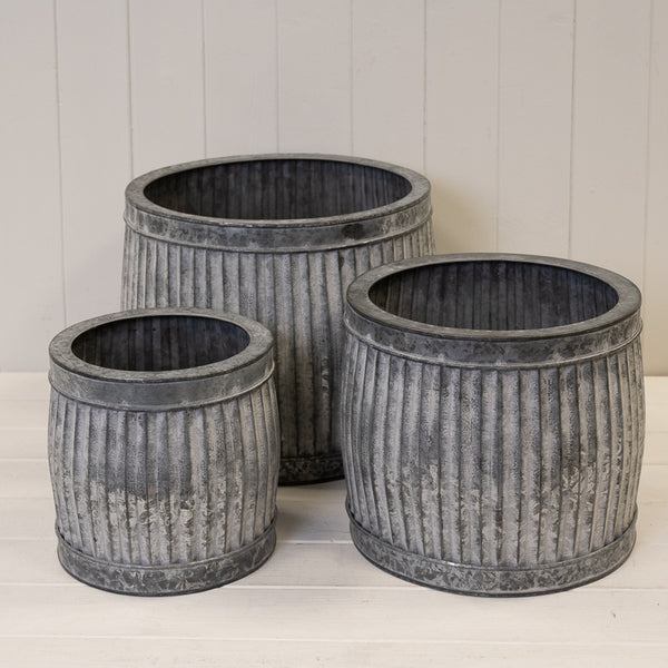 Round Galvanised Ribbed Planter Set of 3