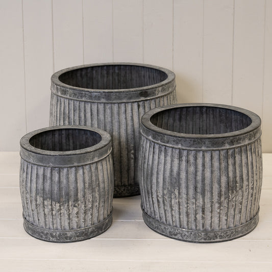 Round Galvanised Ribbed Planter Set of 3
