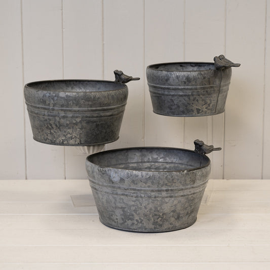 Dark Round Planters with Bird Decor Set of 3