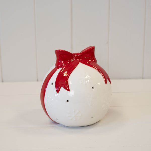 White Christmas Bauble with Red Bow
