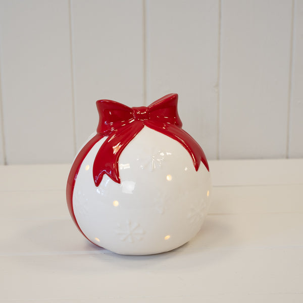White Christmas Bauble with Red Bow
