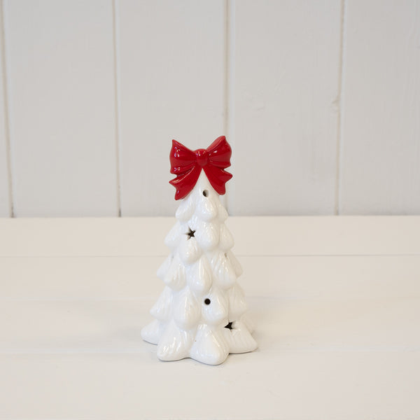 Small LED White Christmas Tree with Red Bow