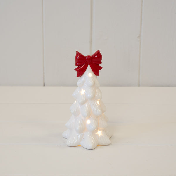 Small LED White Christmas Tree with Red Bow