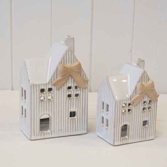 Ceramic Natural Tealight House with Bow Detail