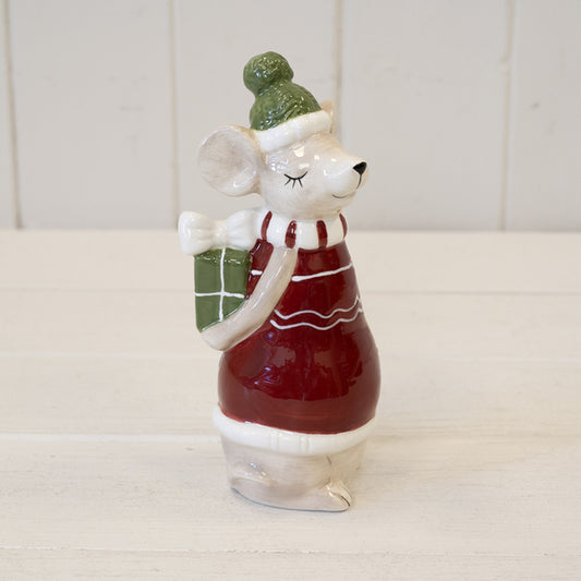 Ceramic Mouse with Present Red Large