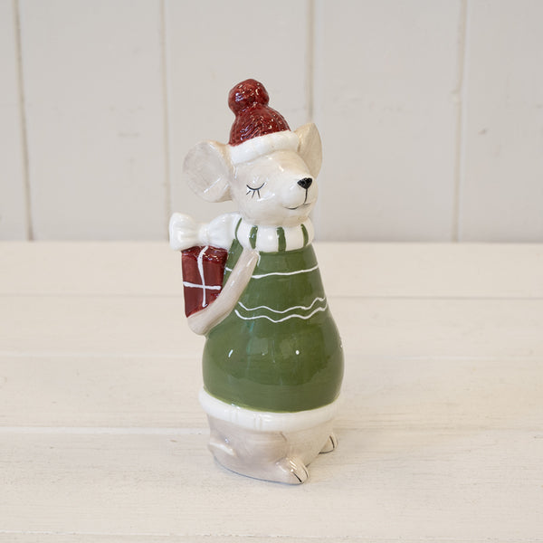 Ceramic Mouse with Present Green Large