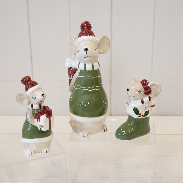 Ceramic Mouse in Green Stocking