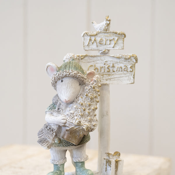 Resin Christmas Mouse White and Sage Green