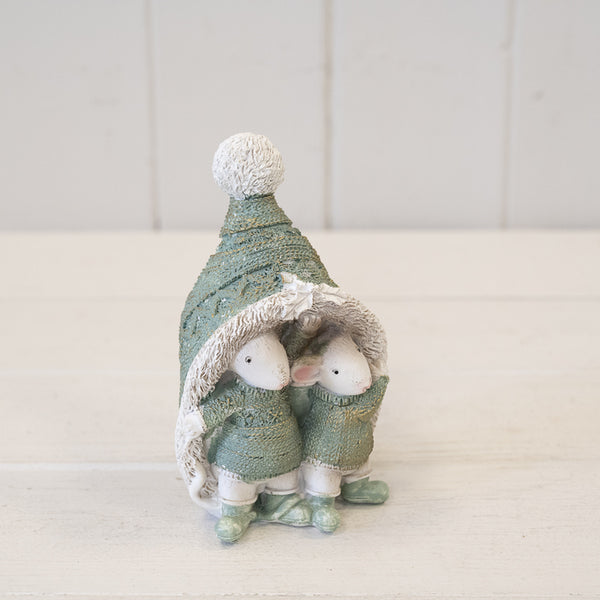 Resin Christmas Mice Hiding in Hat White and Sage Green