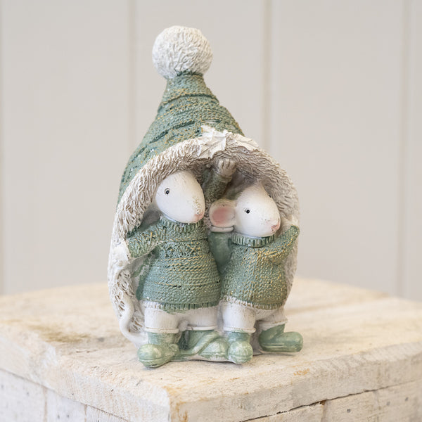 Resin Christmas Mice Hiding in Hat White and Sage Green