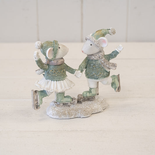 Resin Christmas Mice skating White and Sage Green