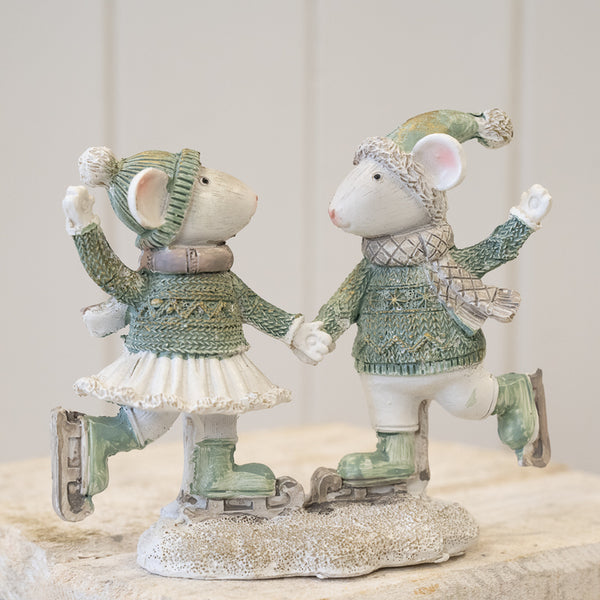 Resin Christmas Mice skating White and Sage Green