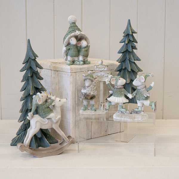 Resin Christmas Mice skating White and Sage Green
