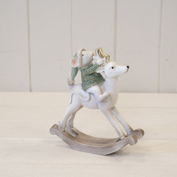 Resin Christmas Mouse on Rocking Horse White and Sage Green