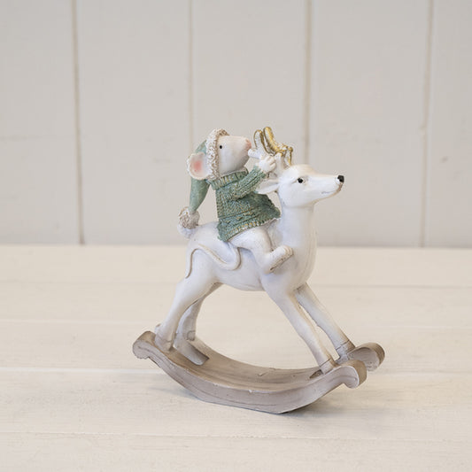 Resin Christmas Mouse on Rocking Horse White and Sage Green