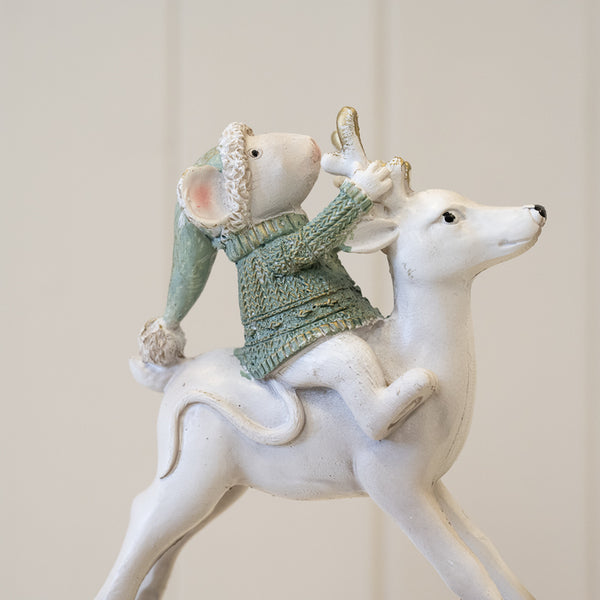 Resin Christmas Mouse on Rocking Horse White and Sage Green