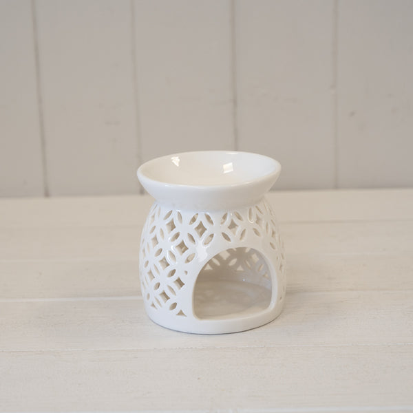 White Ceramic Glazed Oil Burner with Cut Out Detail