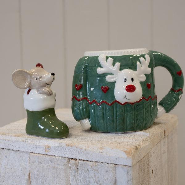 Ceramic Mouse in Green Stocking