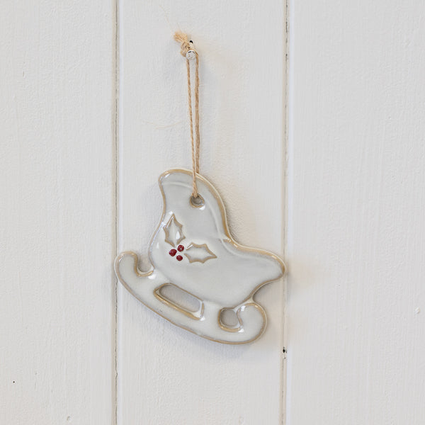 Ceramic Natural Hanging Sleigh with Holly Detail