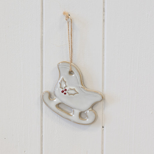 Ceramic Natural Hanging Sleigh with Holly Detail