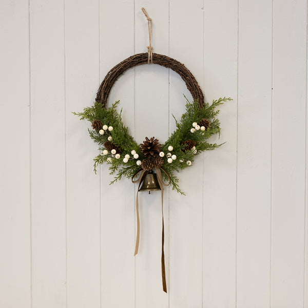Twig Wreath With white Berry, Pinecones with Bells and Bow Detail