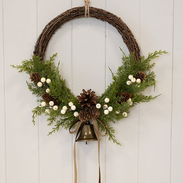 Twig Wreath With white Berry, Pinecones with Bells and Bow Detail