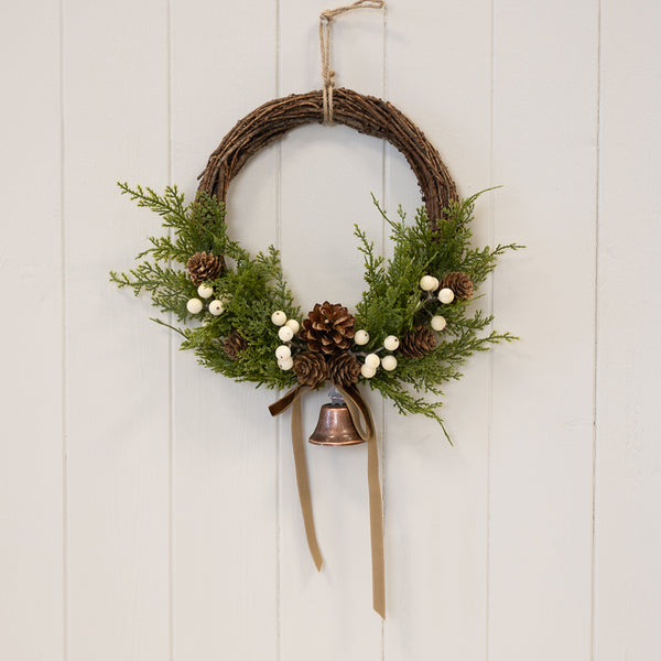 Twig Wreath With white Berry, Pinecones with Bells and Bow Detail