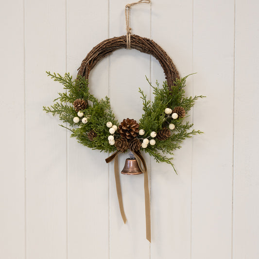 Twig Wreath With white Berry, Pinecones with Bells and Bow Detail