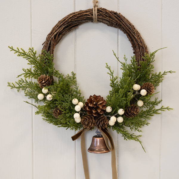Twig Wreath With white Berry, Pinecones with Bells and Bow Detail