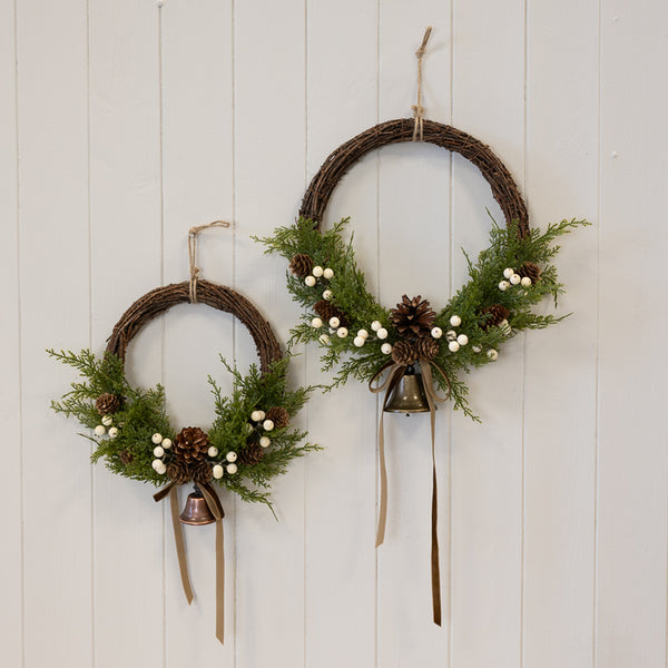 Twig Wreath With white Berry, Pinecones with Bells and Bow Detail